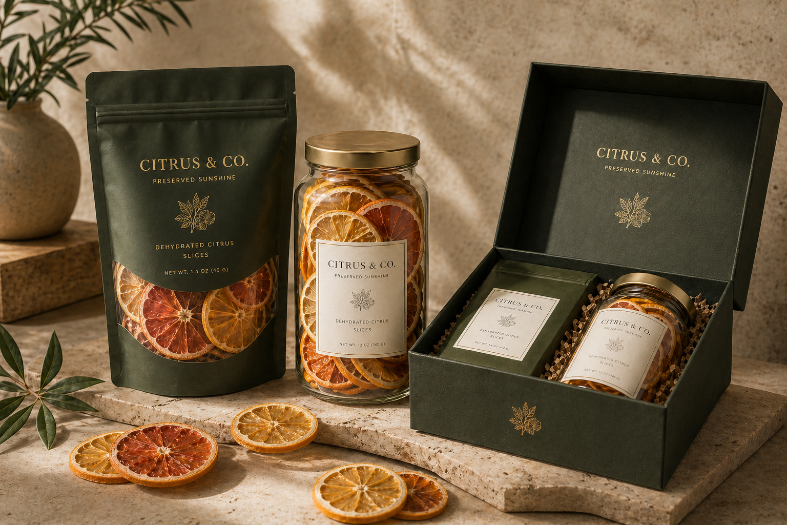 Citrus & Co. premium packaging — resealable pouch, glass jar, and signature gift box with dehydrated citrus slices