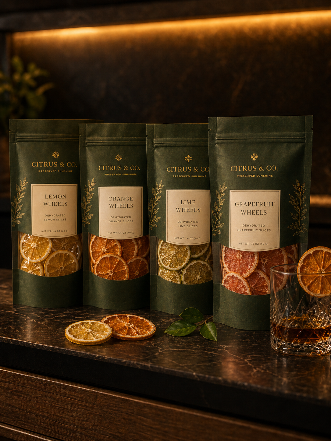 Citrus & Co. citrus wheel pouches — lemon, orange, lime and grapefruit