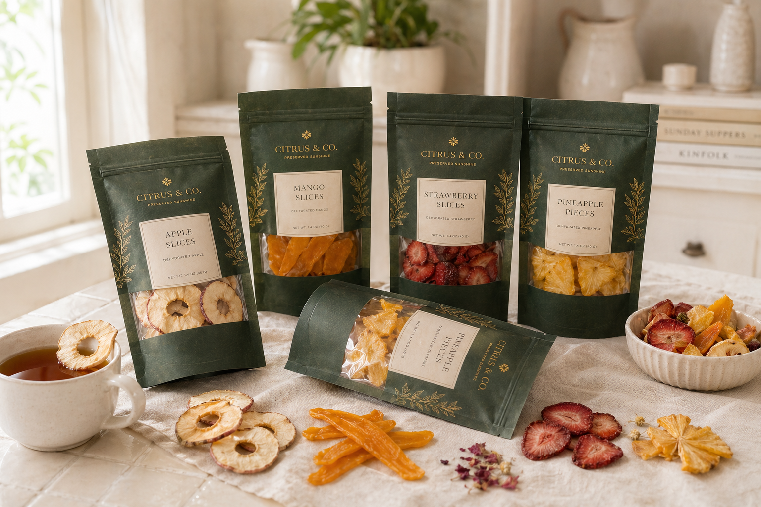 Citrus & Co. beyond-citrus pouches — apple, mango, strawberry and pineapple — with loose fruit on a morning kitchen surface