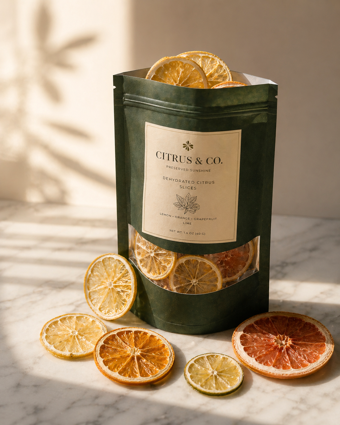 Citrus & Co. dark olive pouch with lemon wheels scattered around it on marble
