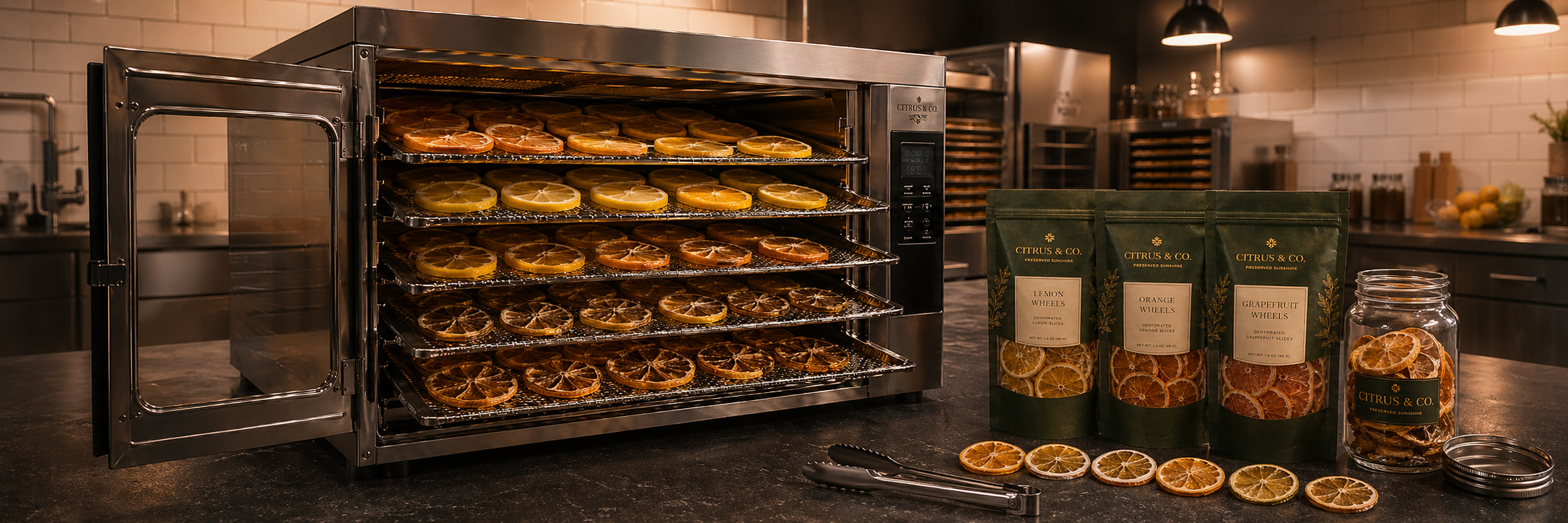 Commercial dehydrator trays loaded with citrus wheels at various stages of drying — Citrus & Co. production