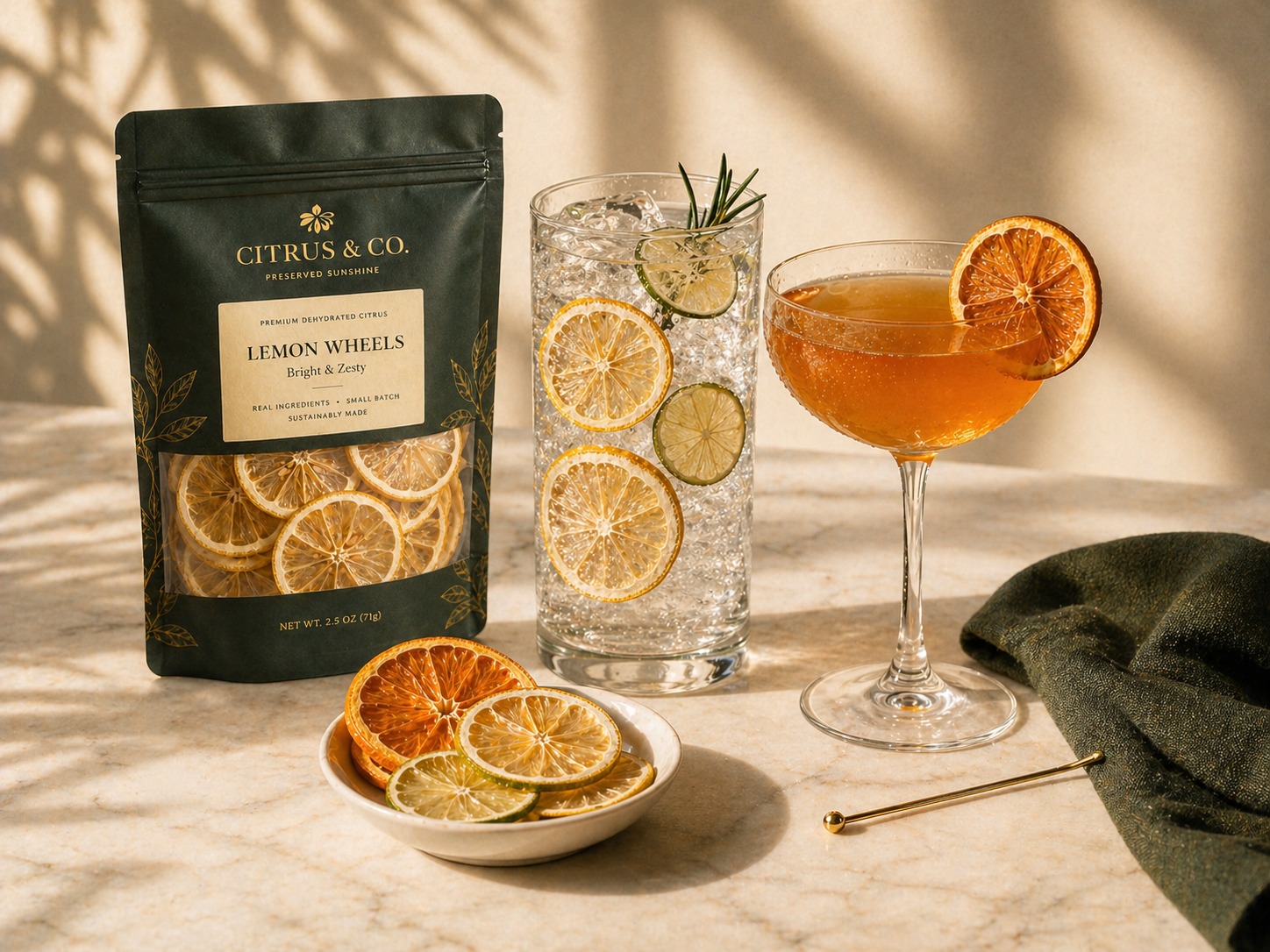 Premium cocktails garnished with dehydrated citrus wheels on a warm cream surface — Citrus & Co.