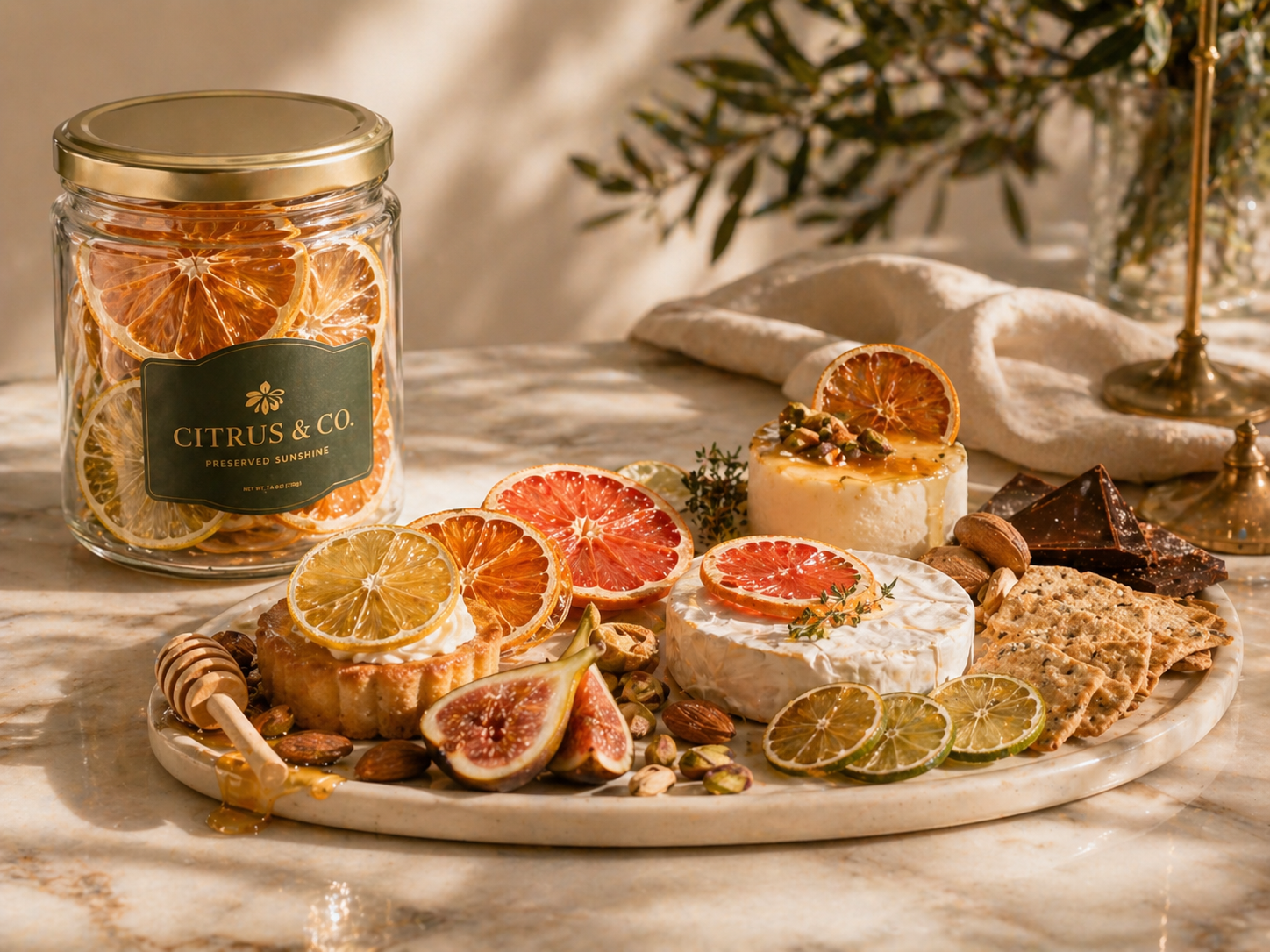 Dessert and grazing board styled with dehydrated citrus wheels, fruit, and refined food details.