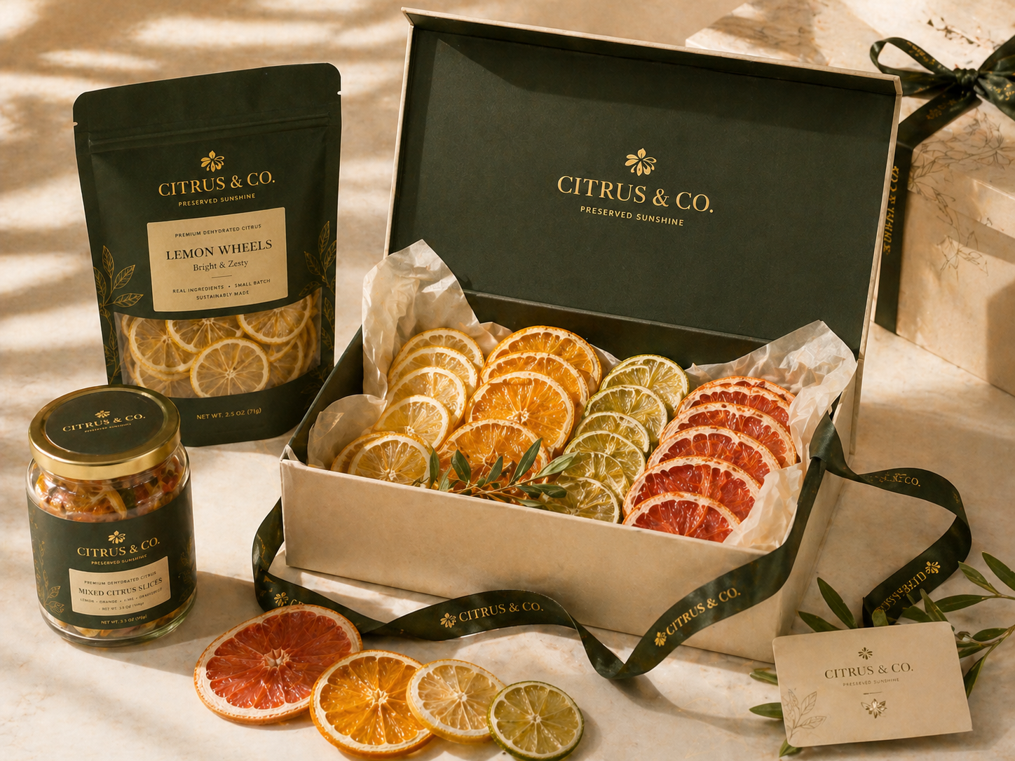 Elegant gift presentation with dehydrated citrus and refined warm porcelain styling.