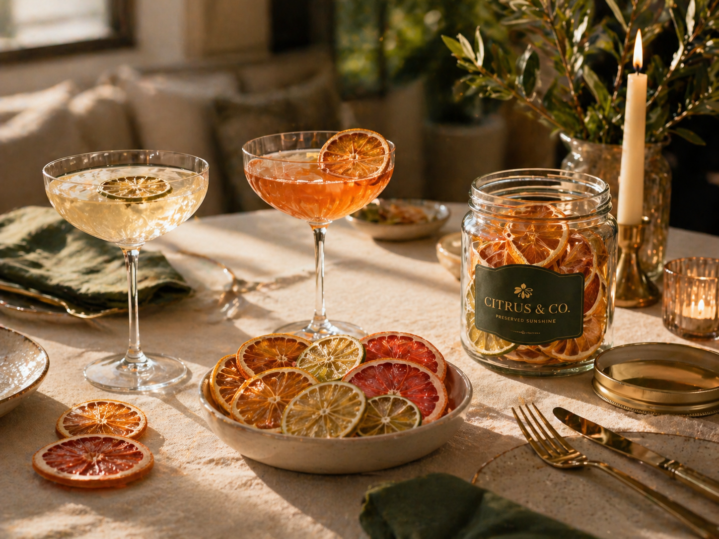 Modern home hosting table with drinks, linen, and dehydrated citrus wheels.