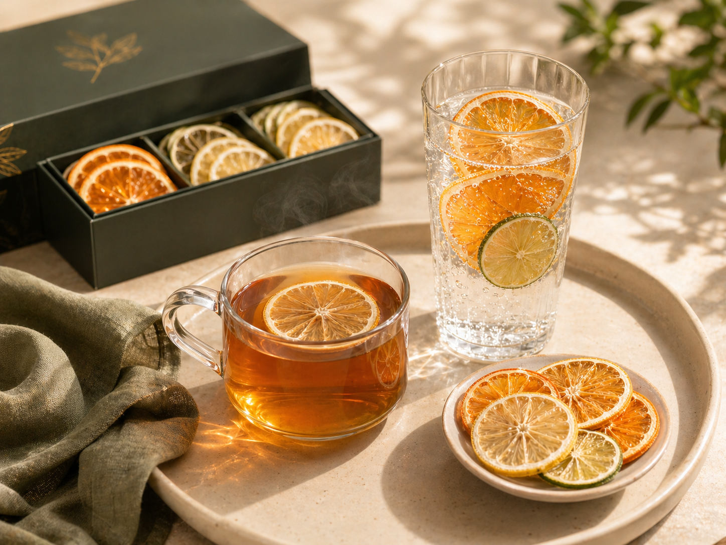Tea and sparkling water served with dehydrated citrus wheels in a calm sunlit setting.